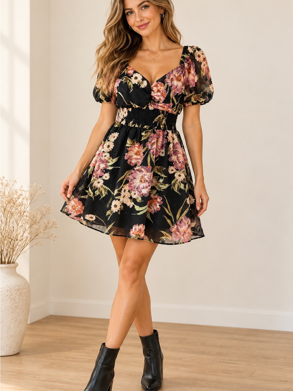 Lily Rose Black Floral Puff-Sleeve Mini Dress